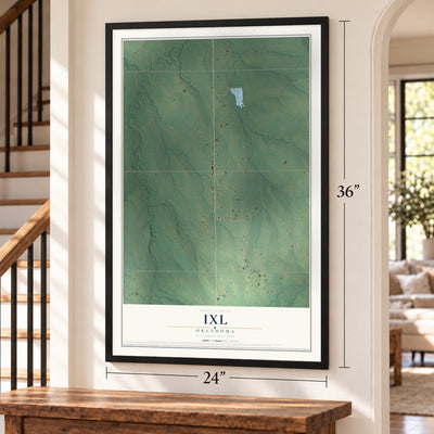 IXL, Oklahoma map, 24 x 36 inch print in a black frame by a staircase