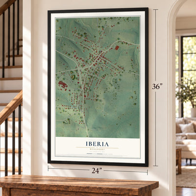 Iberia, Missouri map, 24 x 36 inch print in a black frame by a staircase