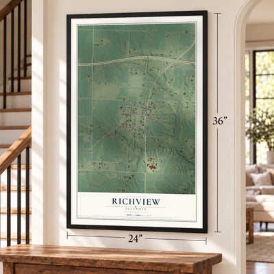 Richview, Illinois map, 24 x 36 inch print in a black frame by a staircase