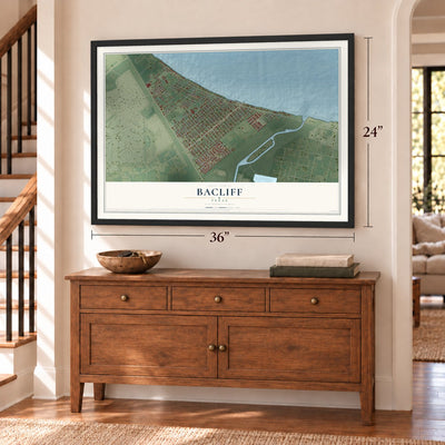 Bacliff, Texas map, 24 x 36 inch print in a black frame above a dresser by a staircase