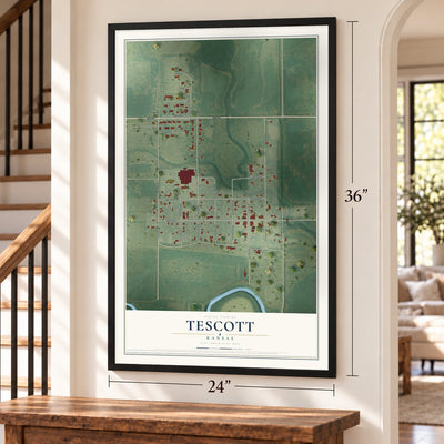 Tescott, Kansas map, 24 x 36 inch print in a black frame by a staircase