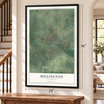 Millington, Tennessee map, 24 x 36 inch print in a black frame by a staircase