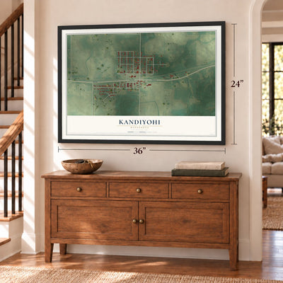 Kandiyohi, Minnesota map, 24 x 36 inch print in a black frame above a dresser by a staircase