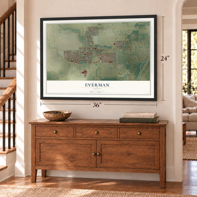 Everman, Texas map, 24 x 36 inch print in a black frame above a dresser by a staircase
