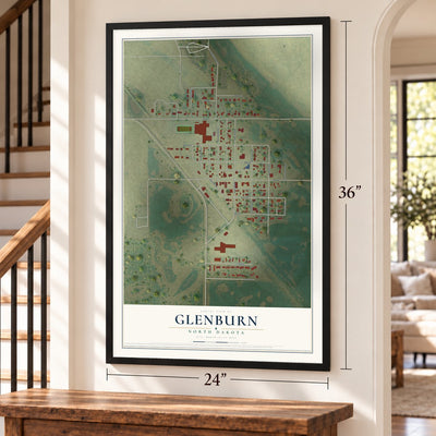 Glenburn, North Dakota map, 24 x 36 inch print in a black frame by a staircase