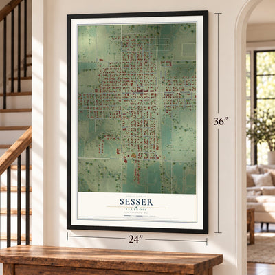 Sesser, Illinois map, 24 x 36 inch print in a black frame by a staircase