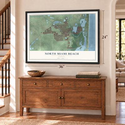 North Miami Beach, Florida map, 24 x 36 inch print in a black frame above a dresser by a staircase