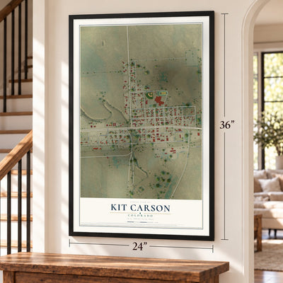 Kit Carson, Colorado map, 24 x 36 inch print in a black frame by a staircase
