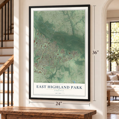East Highland Park, Virginia map, 24 x 36 inch print in a black frame by a staircase