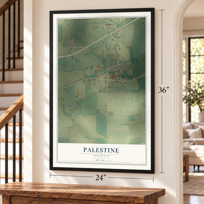 Palestine, Arkansas map, 24 x 36 inch print in a black frame by a staircase