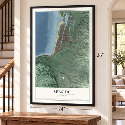 Seaside, Oregon map, 24 x 36 inch print in a black frame by a staircase