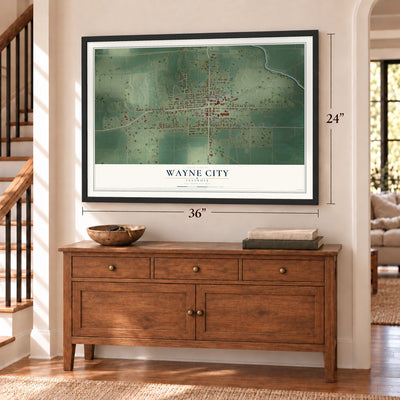 Wayne City, Illinois map, 24 x 36 inch print in a black frame above a dresser by a staircase