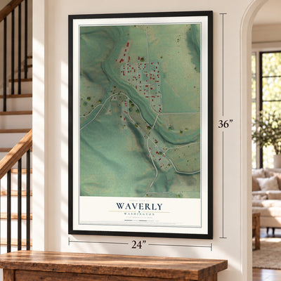Waverly, Washington map, 24 x 36 inch print in a black frame by a staircase