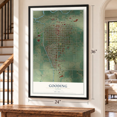 Gooding, Idaho map, 24 x 36 inch print in a black frame by a staircase