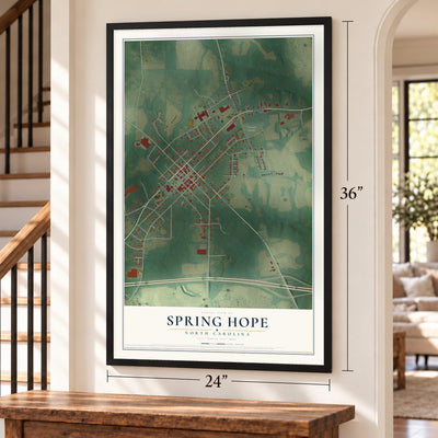 Spring Hope, North Carolina map, 24 x 36 inch print in a black frame by a staircase