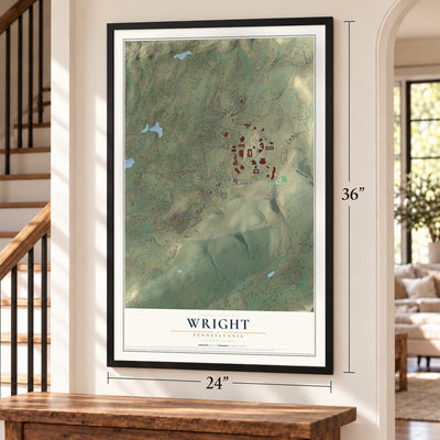 Wright, Pennsylvania map, 24 x 36 inch print in a black frame by a staircase