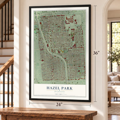 Hazel Park, Michigan map, 24 x 36 inch print in a black frame by a staircase