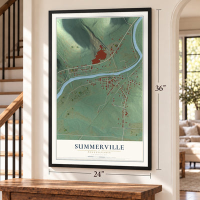 Summerville, Pennsylvania map, 24 x 36 inch print in a black frame by a staircase
