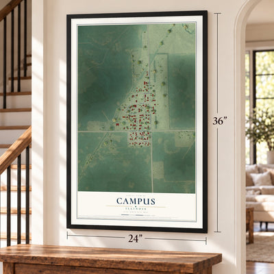 Campus, Illinois map, 24 x 36 inch print in a black frame by a staircase