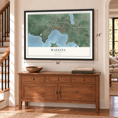 Wayzata, Minnesota map, 24 x 36 inch print in a black frame above a dresser by a staircase