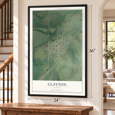 Clayton, Kansas map, 24 x 36 inch print in a black frame by a staircase