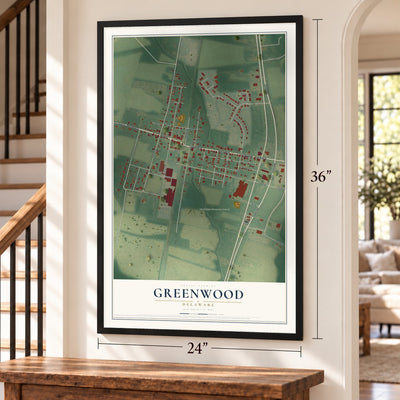 Greenwood, Delaware map, 24 x 36 inch print in a black frame by a staircase