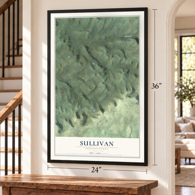 Sullivan, Pennsylvania map, 24 x 36 inch print in a black frame by a staircase