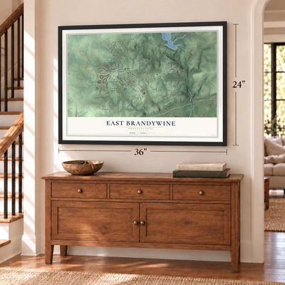 East Brandywine, Pennsylvania map, 24 x 36 inch print in a black frame above a dresser by a staircase