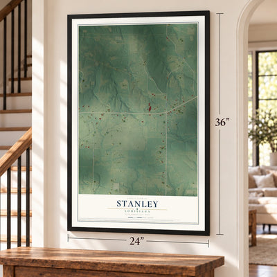 Stanley, Louisiana map, 24 x 36 inch print in a black frame by a staircase