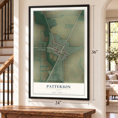 Patterson, Ohio map, 24 x 36 inch print in a black frame by a staircase