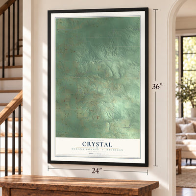 Crystal, Oceana County, Michigan map, 24 x 36 inch print in a black frame by a staircase