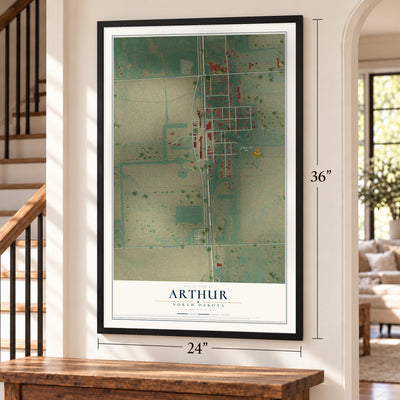 Arthur, North Dakota map, 24 x 36 inch print in a black frame by a staircase