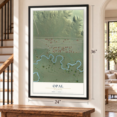 Opal, Wyoming map, 24 x 36 inch print in a black frame by a staircase