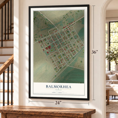 Balmorhea, Texas map, 24 x 36 inch print in a black frame by a staircase