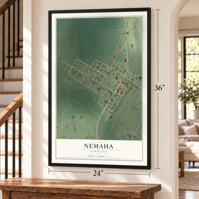 Nemaha, Nebraska map, 24 x 36 inch print in a black frame by a staircase