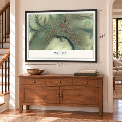 Dayton, Washington map, 24 x 36 inch print in a black frame above a dresser by a staircase