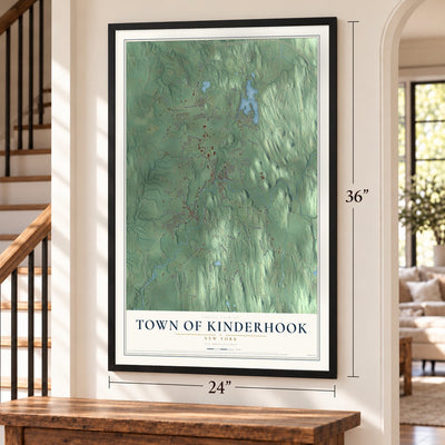 Town of Kinderhook, New York map, 24 x 36 inch print in a black frame by a staircase