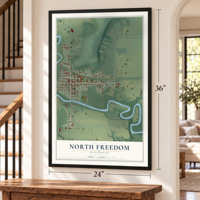 North Freedom, Wisconsin map, 24 x 36 inch print in a black frame by a staircase