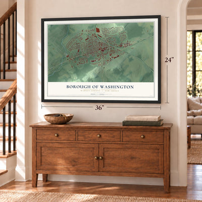 Borough of Washington, Warren County, New Jersey map, 24 x 36 inch print in a black frame above a dresser by a staircase