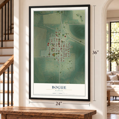 Bogue, Kansas map, 24 x 36 inch print in a black frame by a staircase