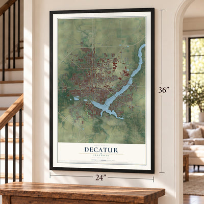 Decatur, Illinois map, 24 x 36 inch print in a black frame by a staircase
