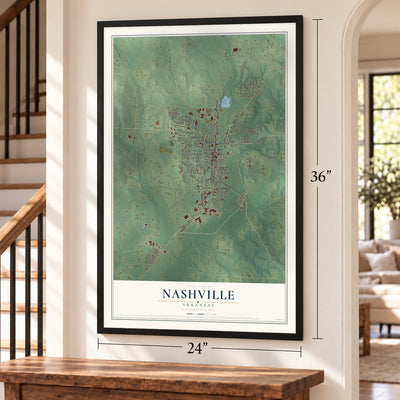 Nashville, Arkansas map, 24 x 36 inch print in a black frame by a staircase