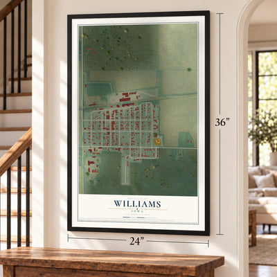 Williams, Iowa map, 24 x 36 inch print in a black frame by a staircase