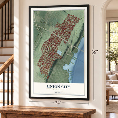 Union City, New Jersey map, 24 x 36 inch print in a black frame by a staircase