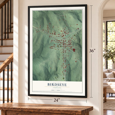 Birdseye, Indiana map, 24 x 36 inch print in a black frame by a staircase