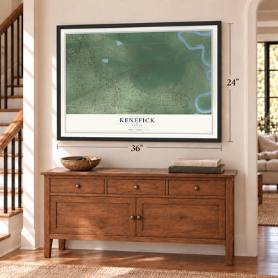 Kenefick, Texas map, 24 x 36 inch print in a black frame above a dresser by a staircase