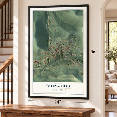 Quinwood, West Virginia map, 24 x 36 inch print in a black frame by a staircase