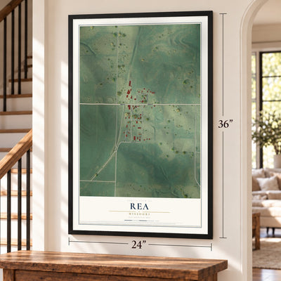 Rea, Missouri map, 24 x 36 inch print in a black frame by a staircase