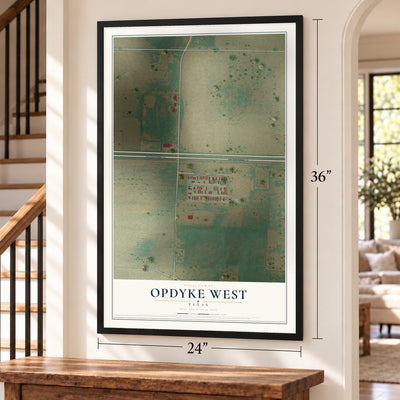Opdyke West, Texas map, 24 x 36 inch print in a black frame by a staircase