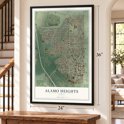 Alamo Heights, Texas map, 24 x 36 inch print in a black frame by a staircase